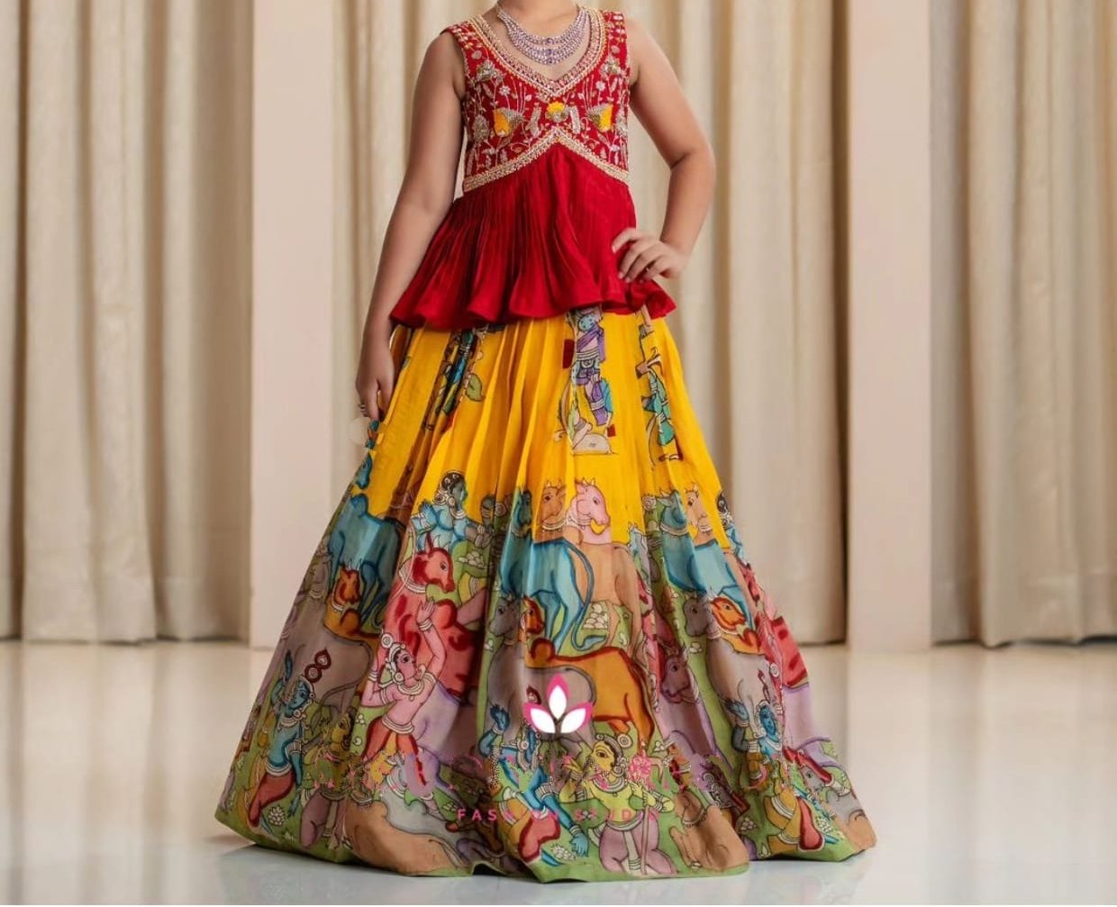 Kalamkari Style Printed & Embroidered Work Stitched Kids Skirt and Top