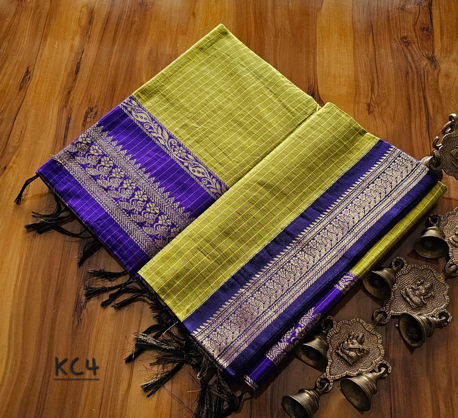 Kalyani Cotton Saree - Green & Purple-Aalam Clothing