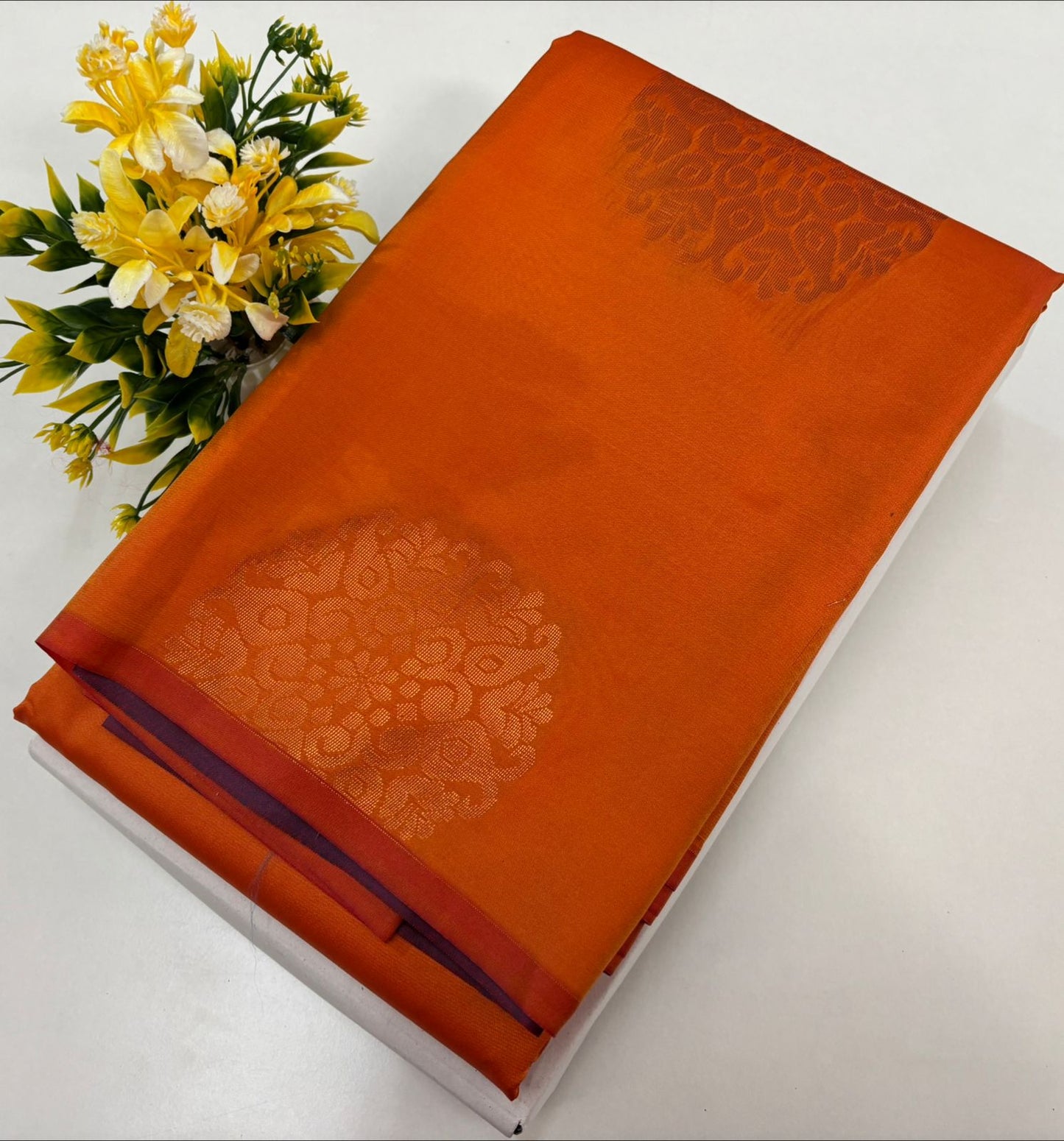 Kanchipuram style semi silk copper zari saree