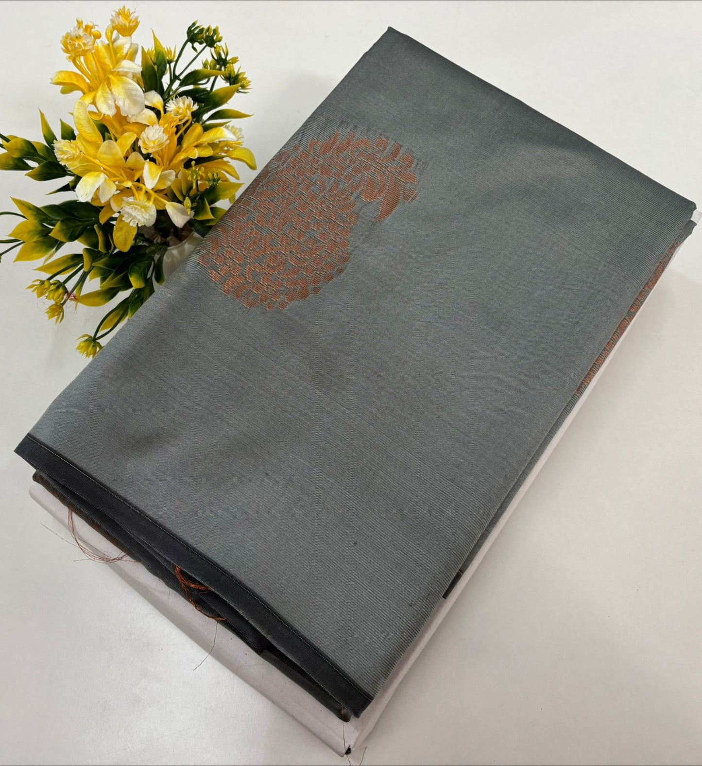 Kanchipuram style semi silk copper zari saree