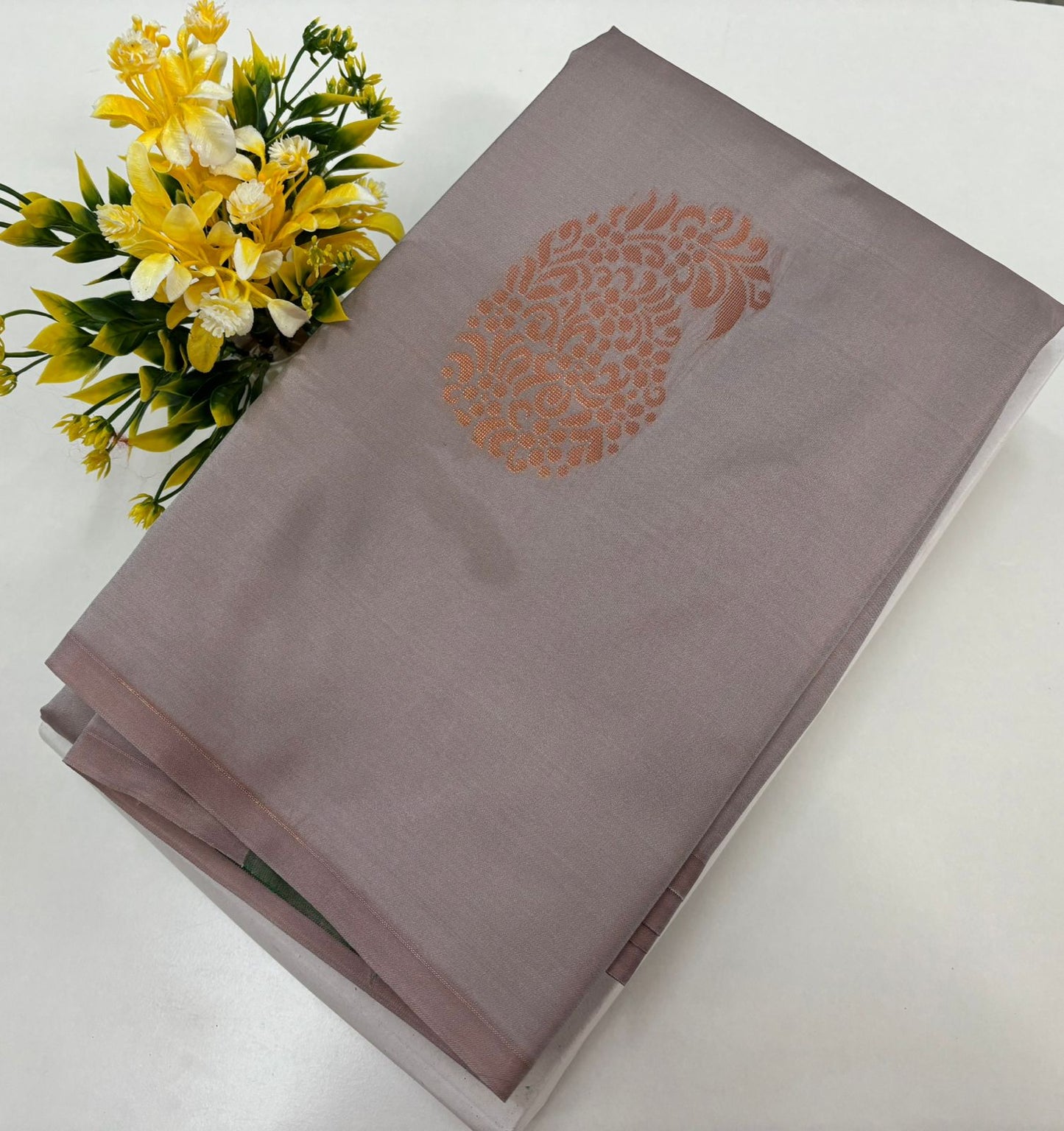 Kanchipuram style semi silk copper zari saree