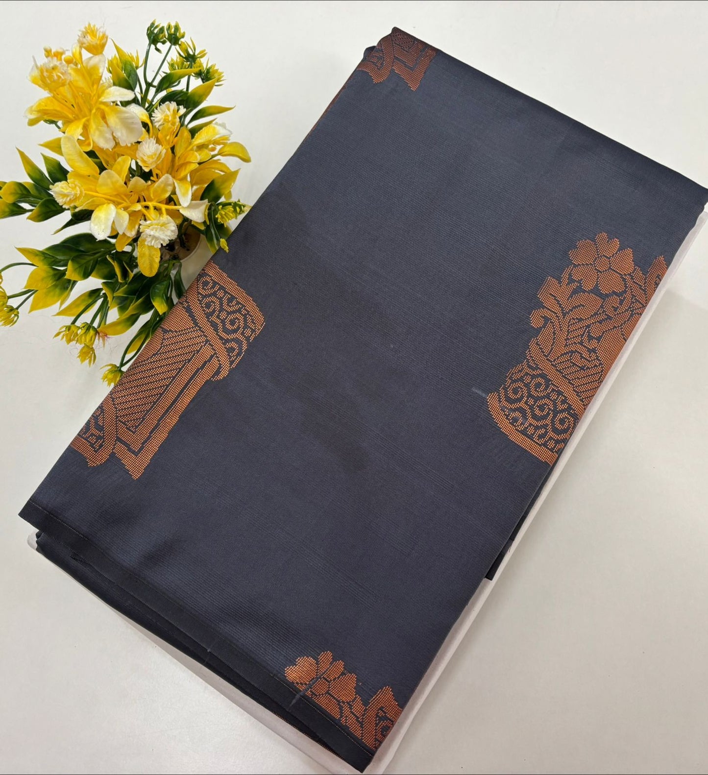 Kanchipuram style semi silk copper zari saree