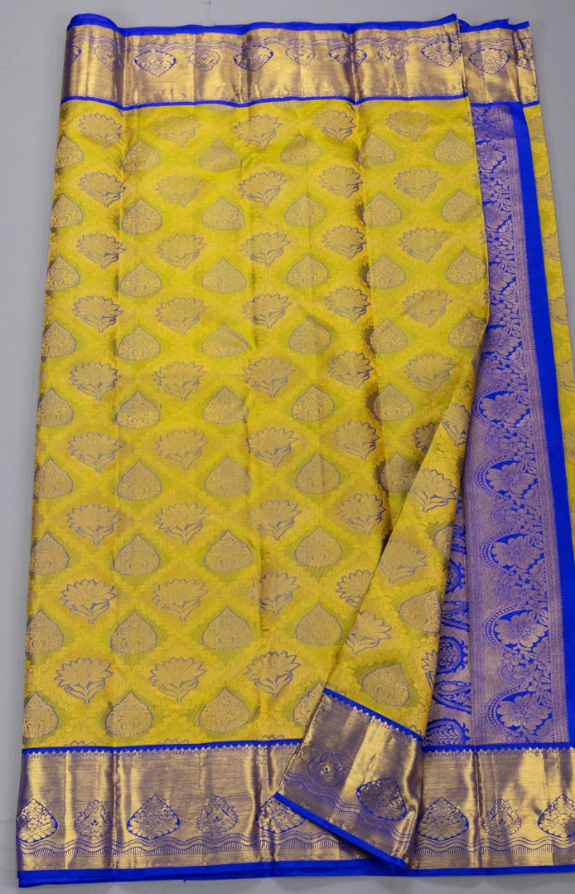 Kanchipuram Lemon Green With Royal Blue Colour Saree
