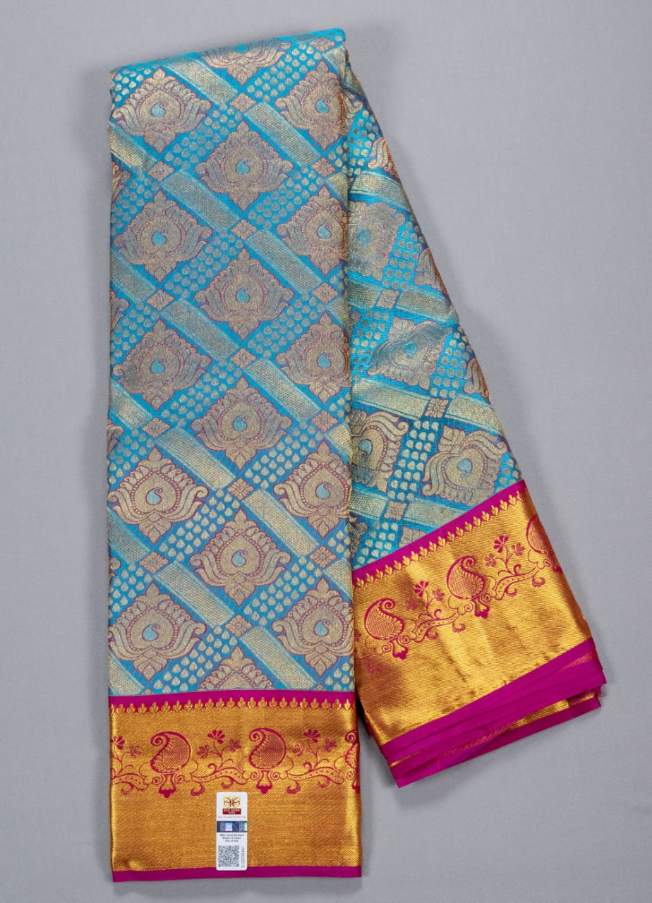 Kanchipuram Turquoise Blue With Purple Colour Saree