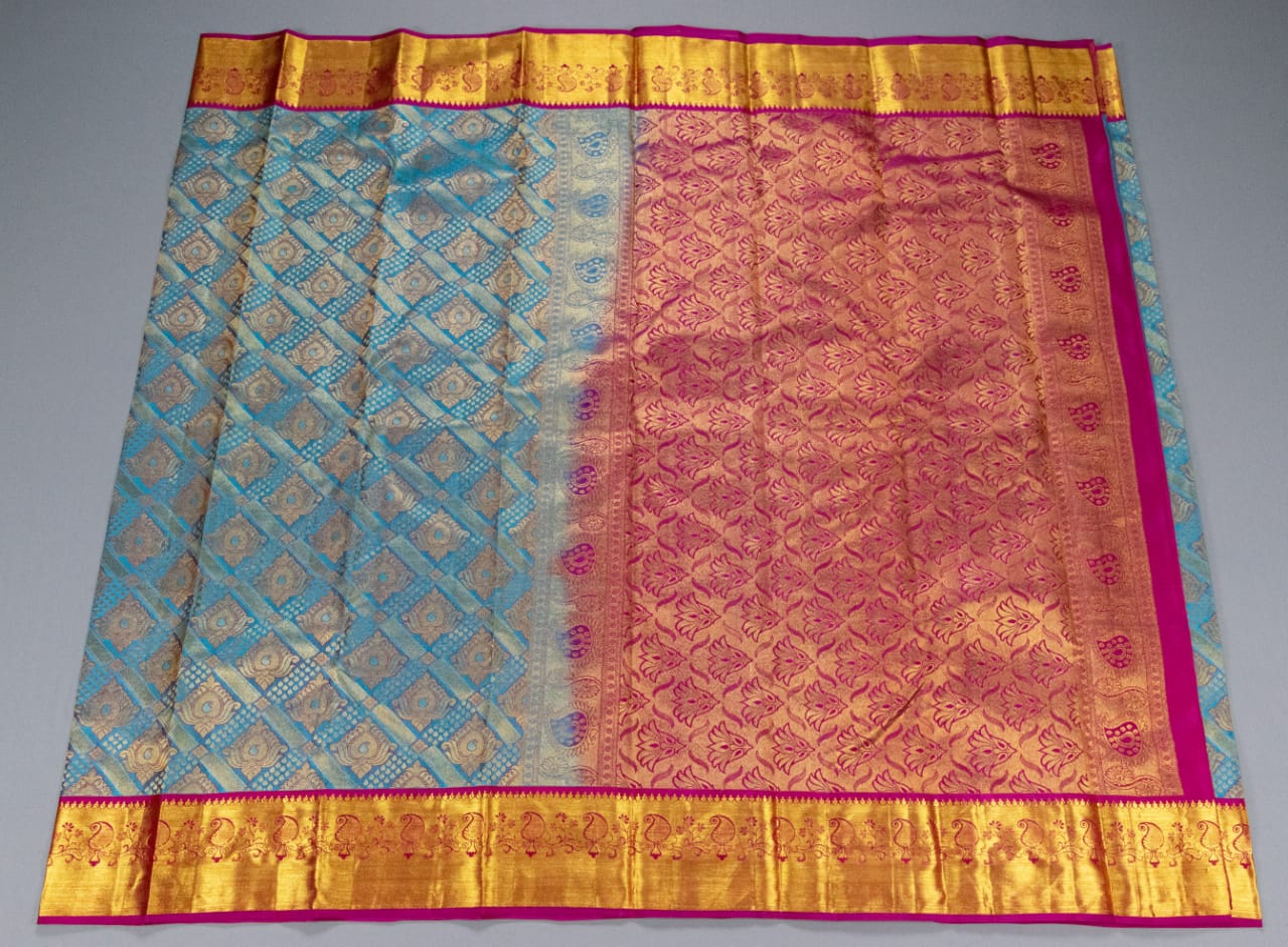 Kanchipuram Turquoise Blue With Purple Colour Saree