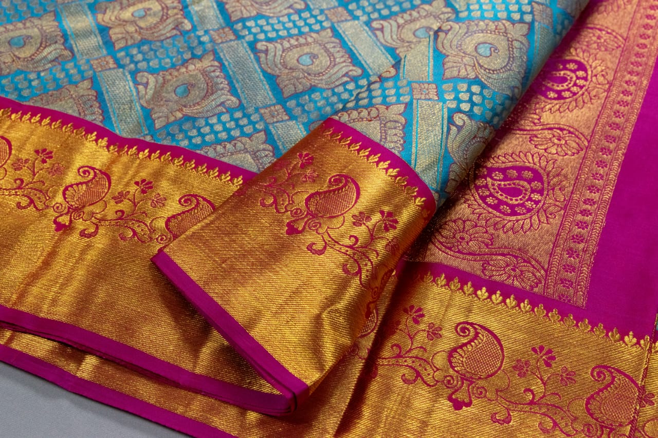 Kanchipuram Turquoise Blue With Purple Colour Saree