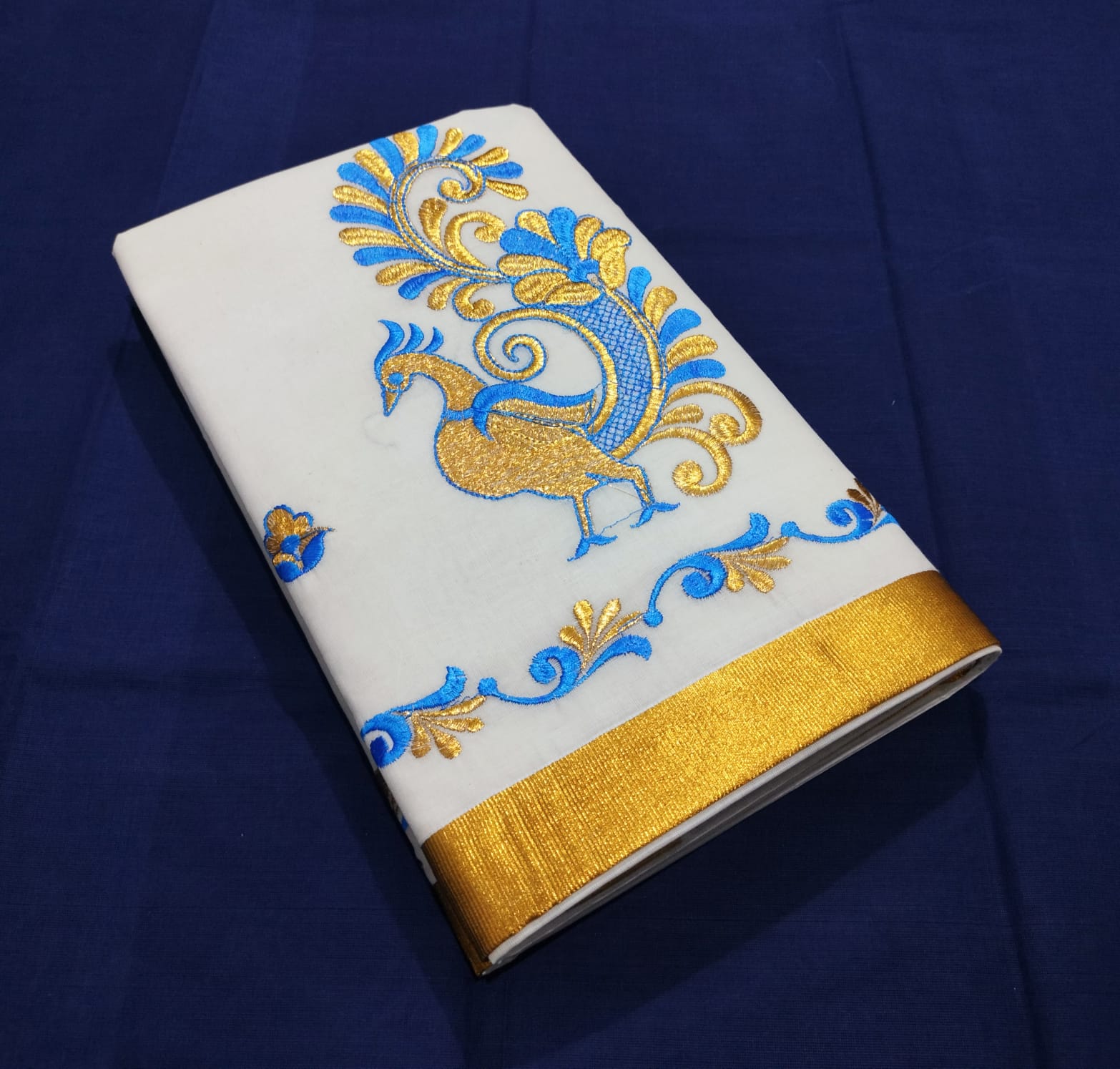 Cream floral vine printed chanderi cotton saree, contrast border & pallu of  thread embroidery work