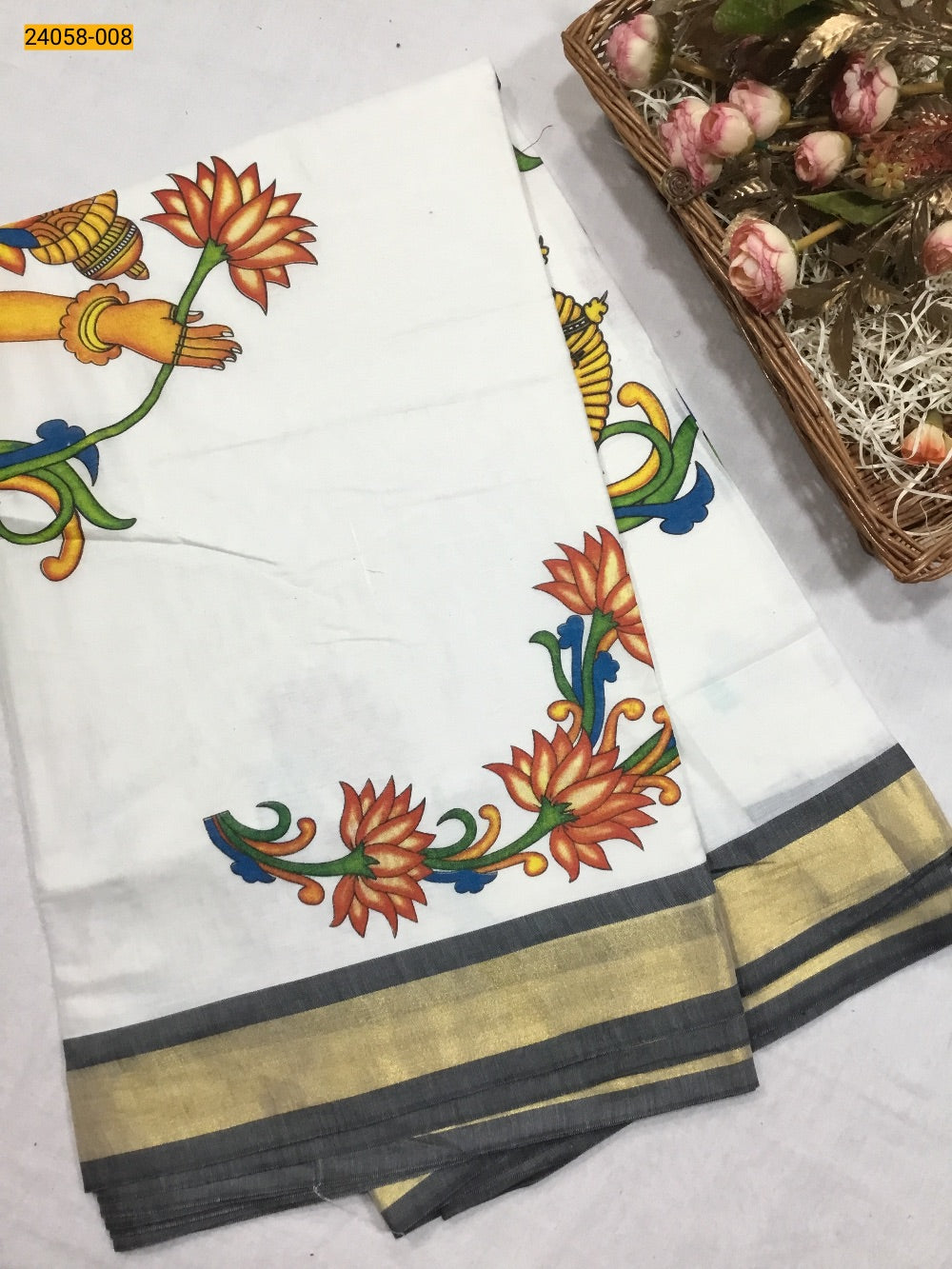 Pure Cotton Kerala Saree with Baby Krishna Mural Prints and Silver Bor –  Southloom Handmade and Organics