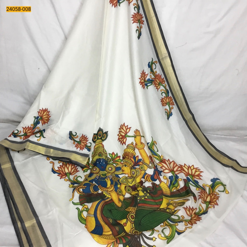 Kalamkari hand-painted in Pure Zari Tussar Saree milky white