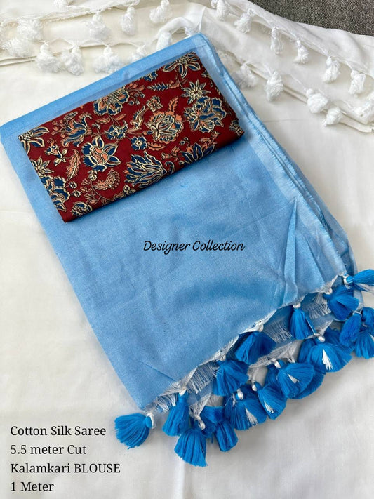 Khadi Cotton Silk Silver Zari Saree With Designer Kalamkari Blouse