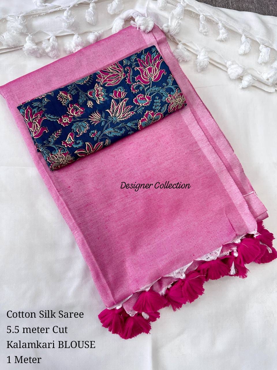 Khadi Cotton Silk Silver Zari Saree With Designer Kalamkari Blouse