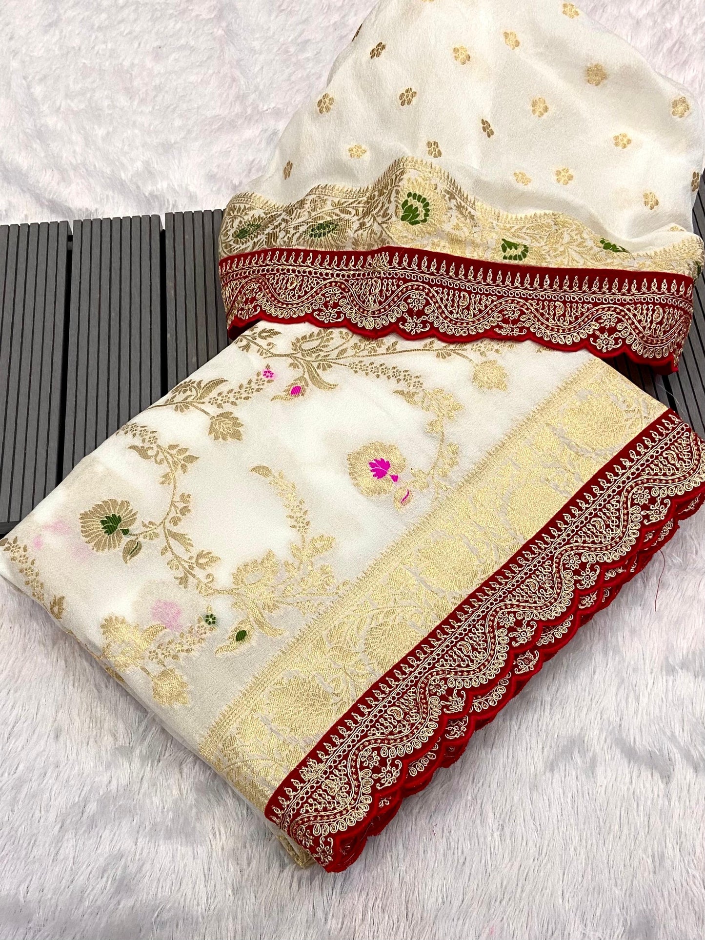 Khadi Georgette Saree with Kanchi Borders and Intricate Minakari Design