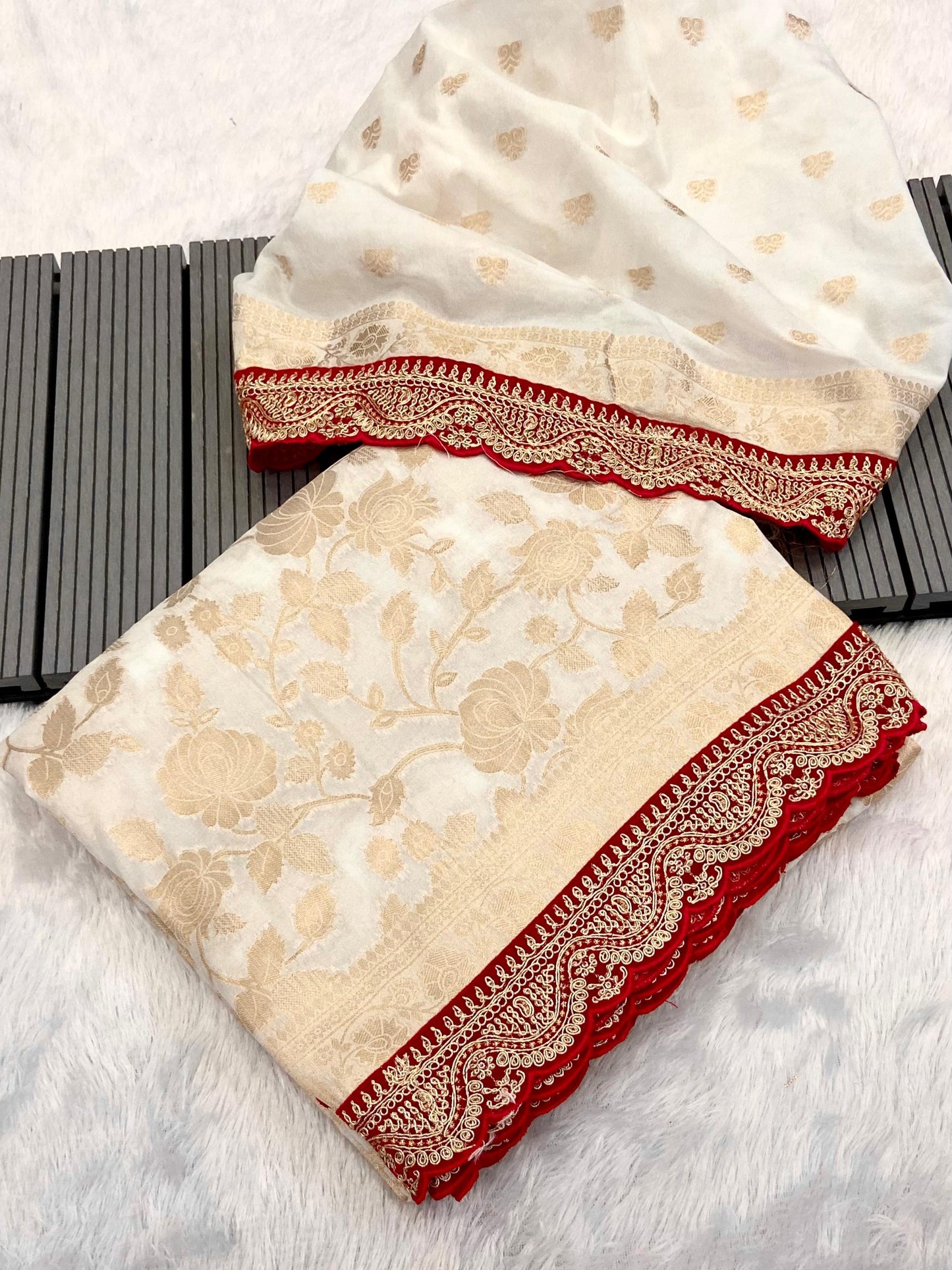 Khadi Georgette Minakari Saree with Kanchi Borders and Running Blouse