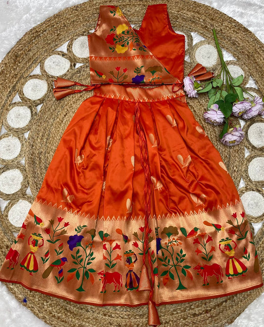 Kids Readymade Paithani Blended Silk Skirt and Top