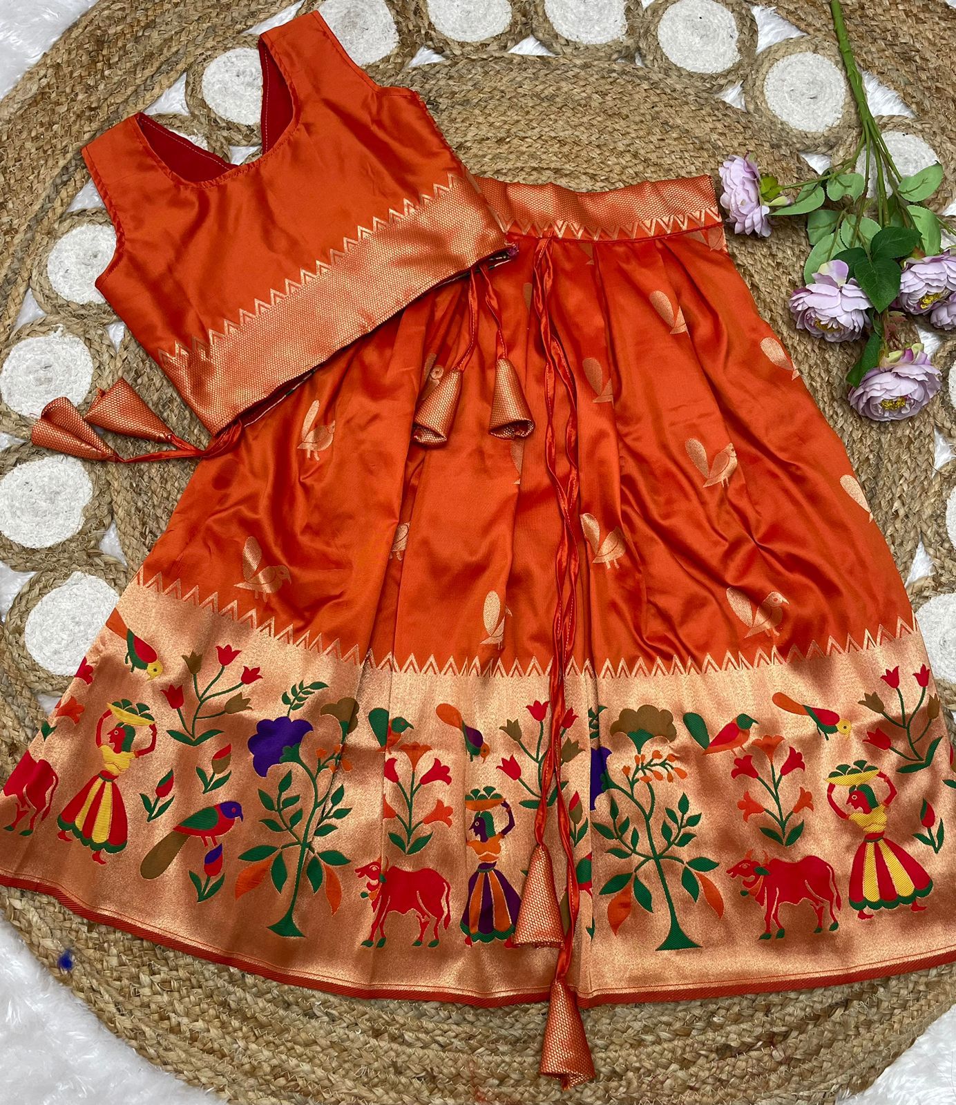 Kids Readymade Paithani Blended Silk Skirt and Top