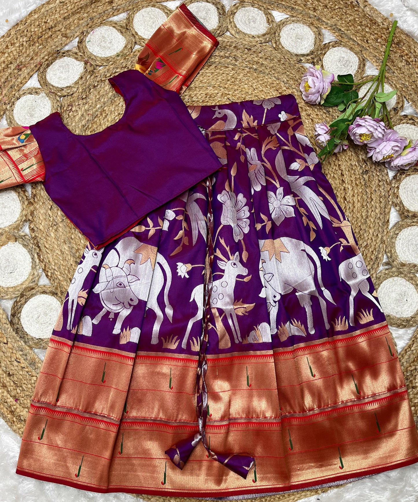 Kids Readymade Pichwai Paithani Semi Silk Paavadai Sattai