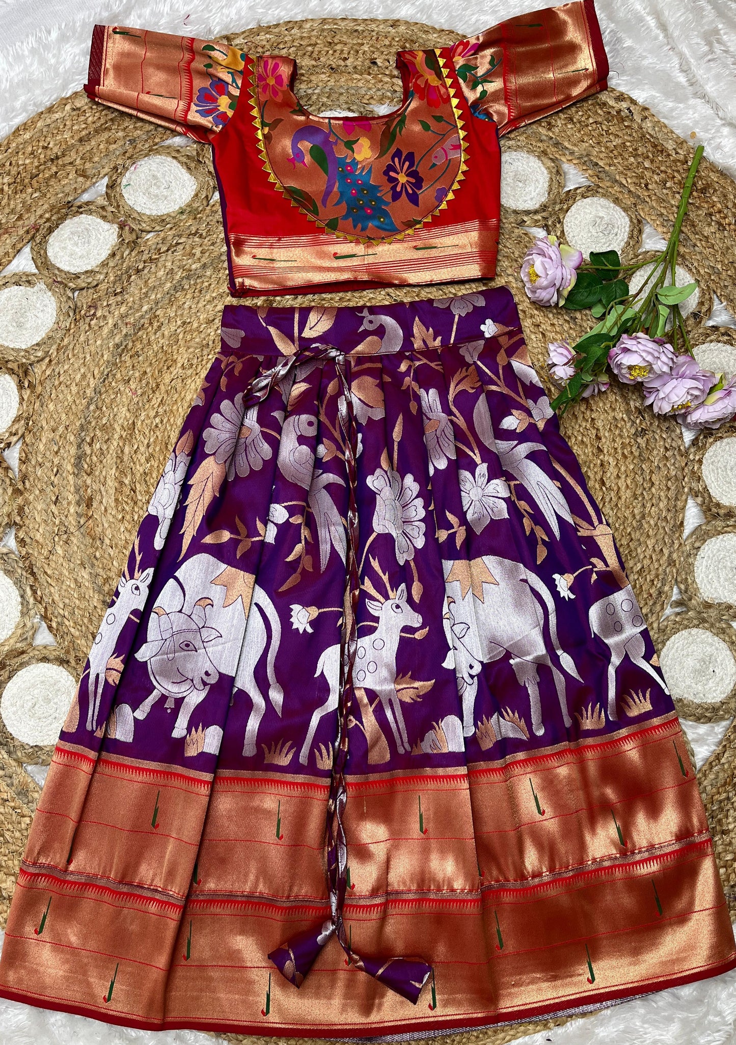 Kids Readymade Pichwai Paithani Semi Silk Paavadai Sattai