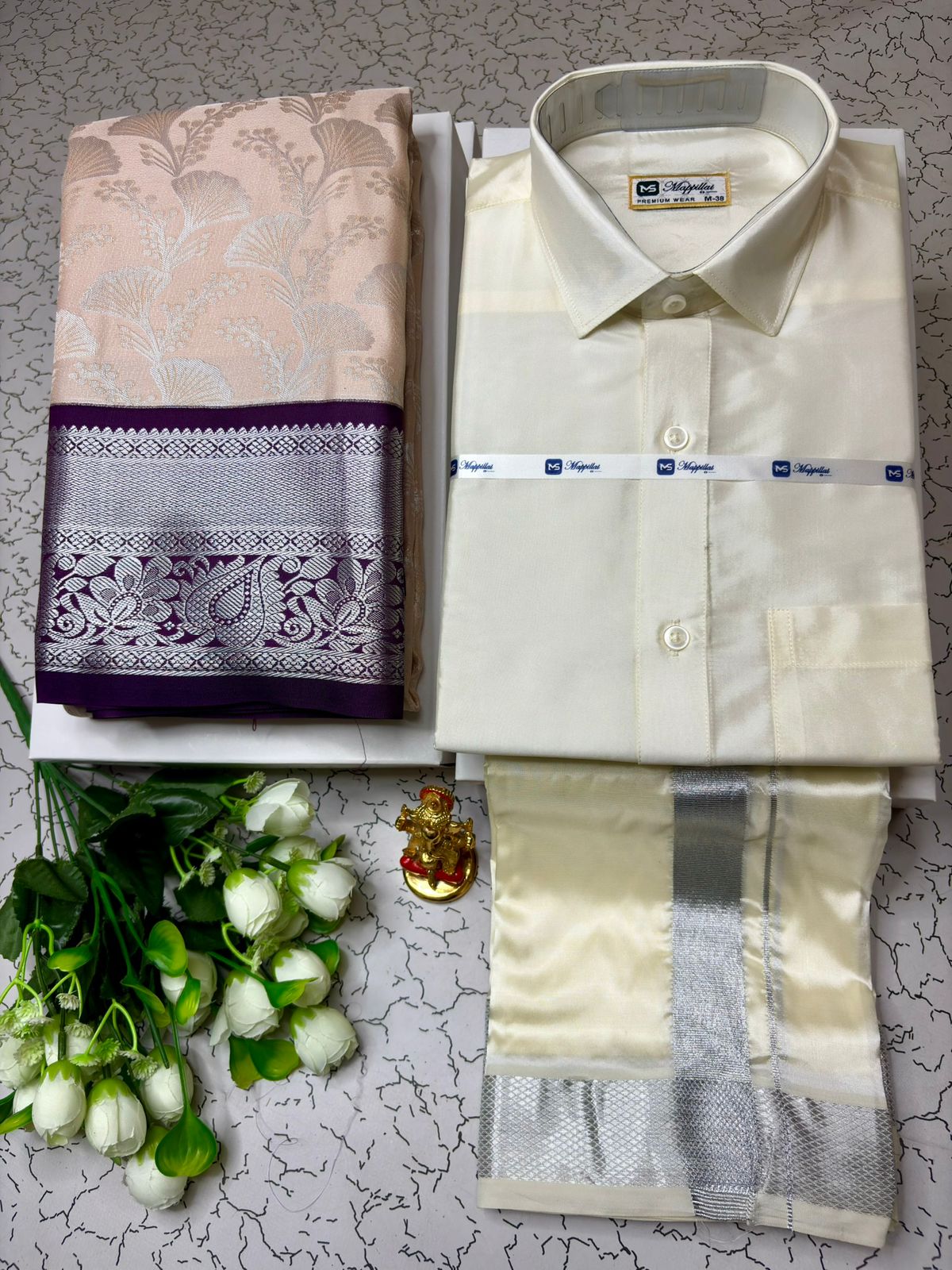 Temple Wear Korvai Semi Silk Saree with Semi Silk Dhoti Shirt