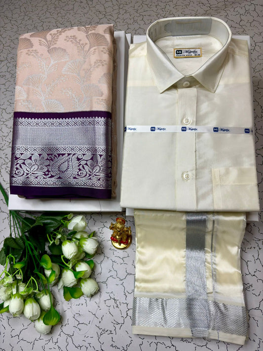 Temple Wear Korvai Semi Silk Saree with Semi Silk Dhoti Shirt