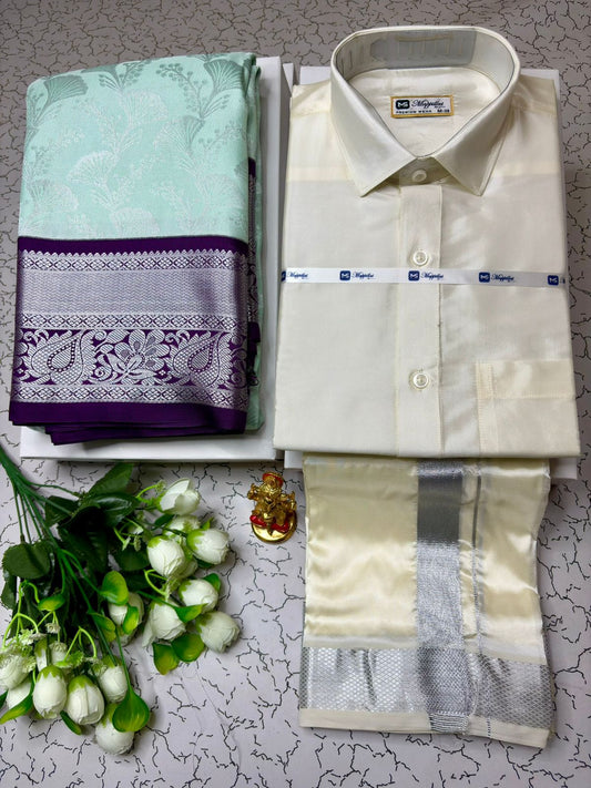 Celebration Special Korvai Semi Silk Saree & Dhoti Shirt Set