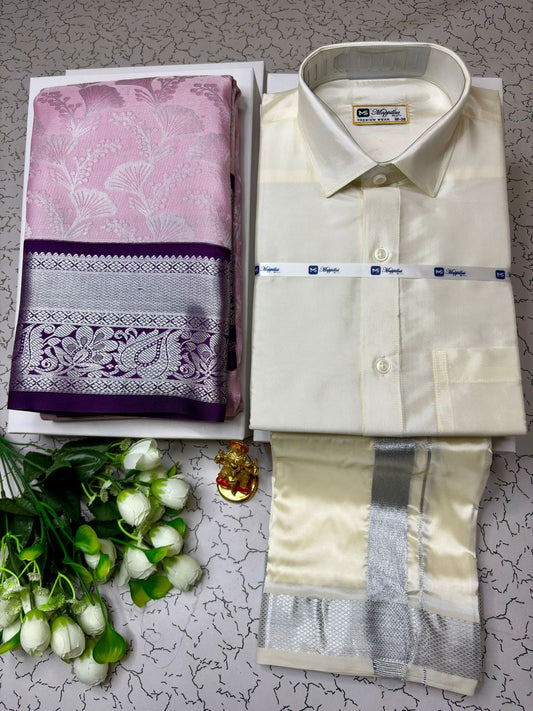 Elegant Occasion Korvai Semi Silk Saree with Semi Silk Dhoti Shirt