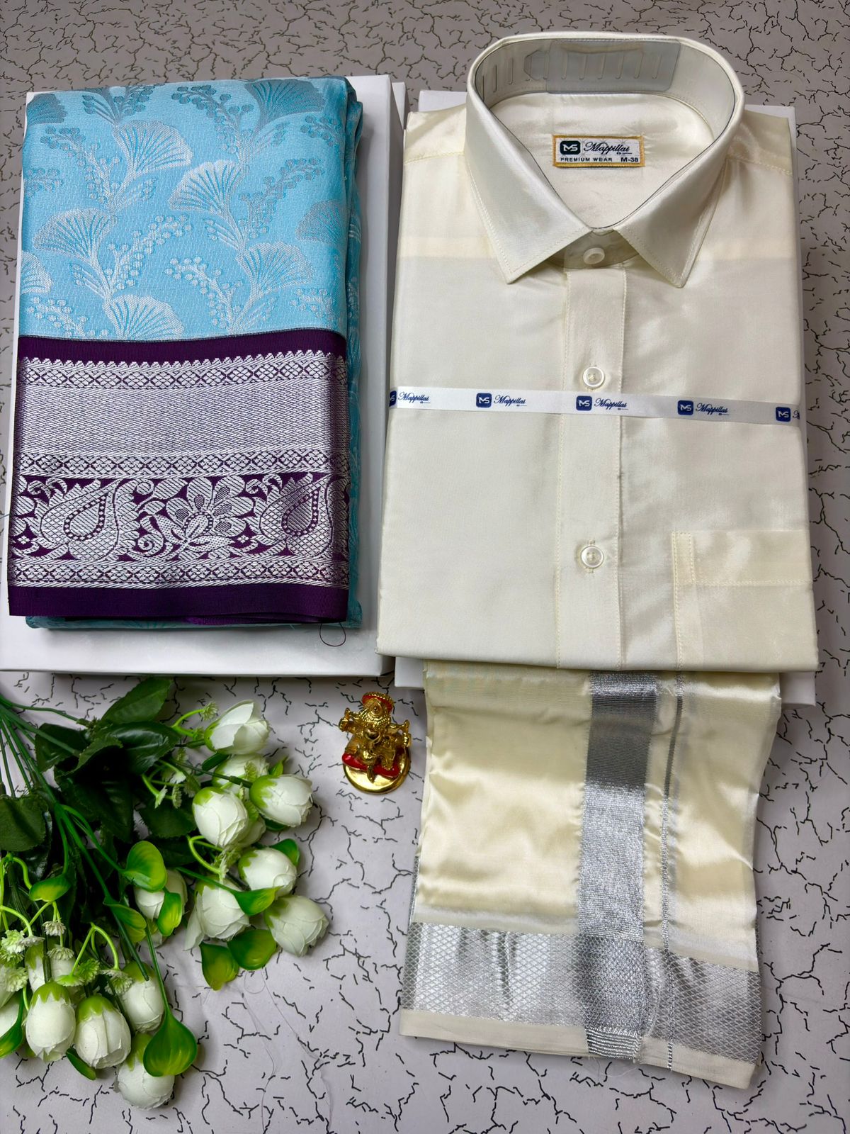 Classic Heritage Korvai Semi Silk Saree and Dhoti Shirt Combo