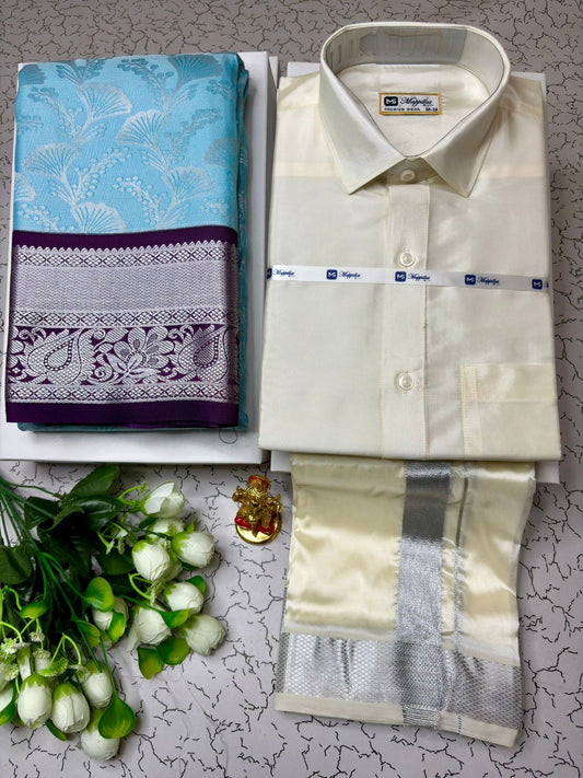 Classic Heritage Korvai Semi Silk Saree and Dhoti Shirt Combo