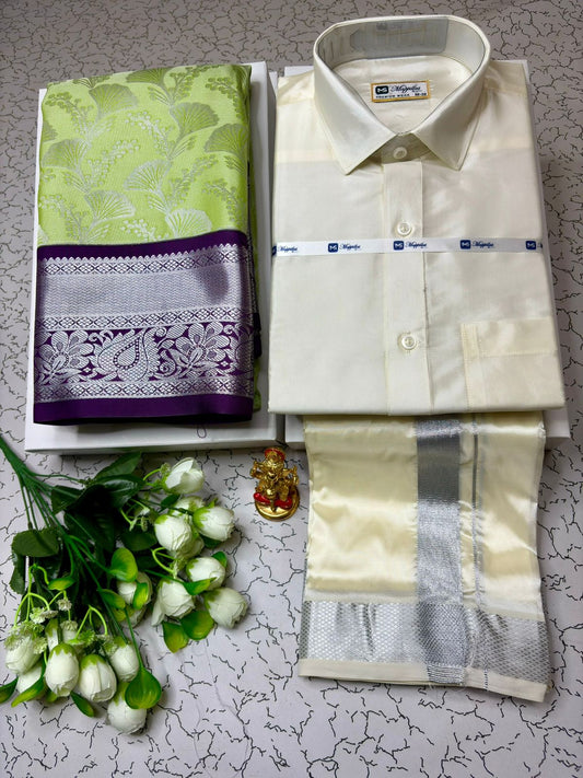 Wedding Collection Korvai Semi Silk Saree with Dhoti Shirt for Couple