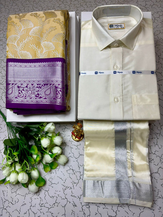 Traditional Wedding Korvai Semi Silk Saree with Dhoti Shirt Pair