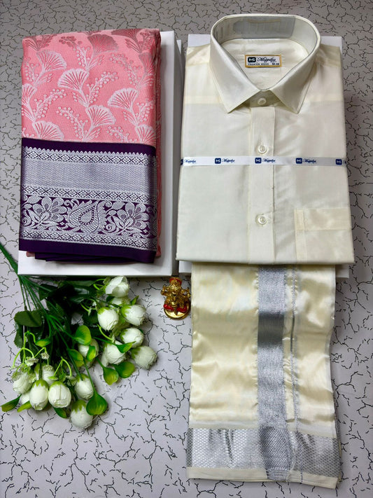 Ethnic Wear Korvai Semi Silk Saree & Semi Silk Dhoti Shirt Combo