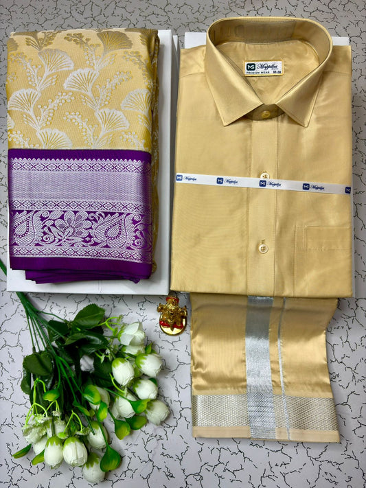 Korvai Semi Silk Saree With Semi Silk Dhoti Shirt - Couple Combo
