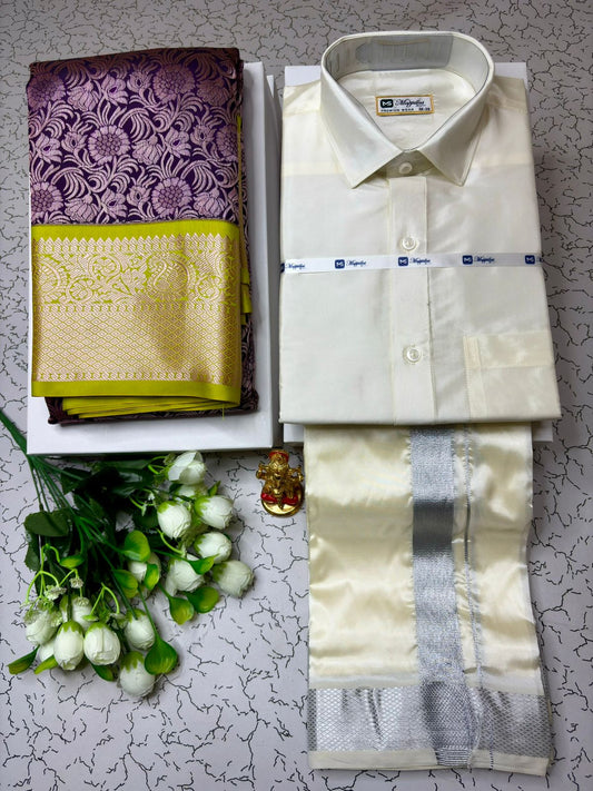 Elegant Heritage Korvai Semi Silk Saree with Dhoti Shirt Set