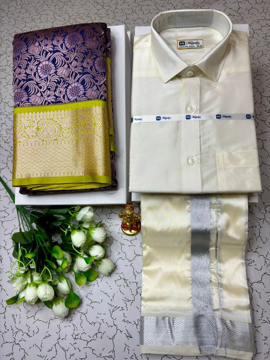 Royal Korvai Semi Silk Saree and Semi Silk Dhoti Shirt Couple Outfit