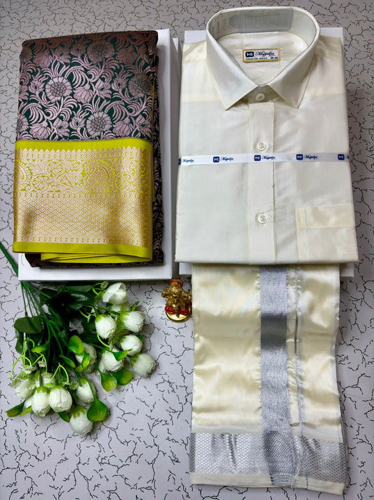 Occasion Wear Korvai Semi Silk Saree with Dhoti Shirt Combo