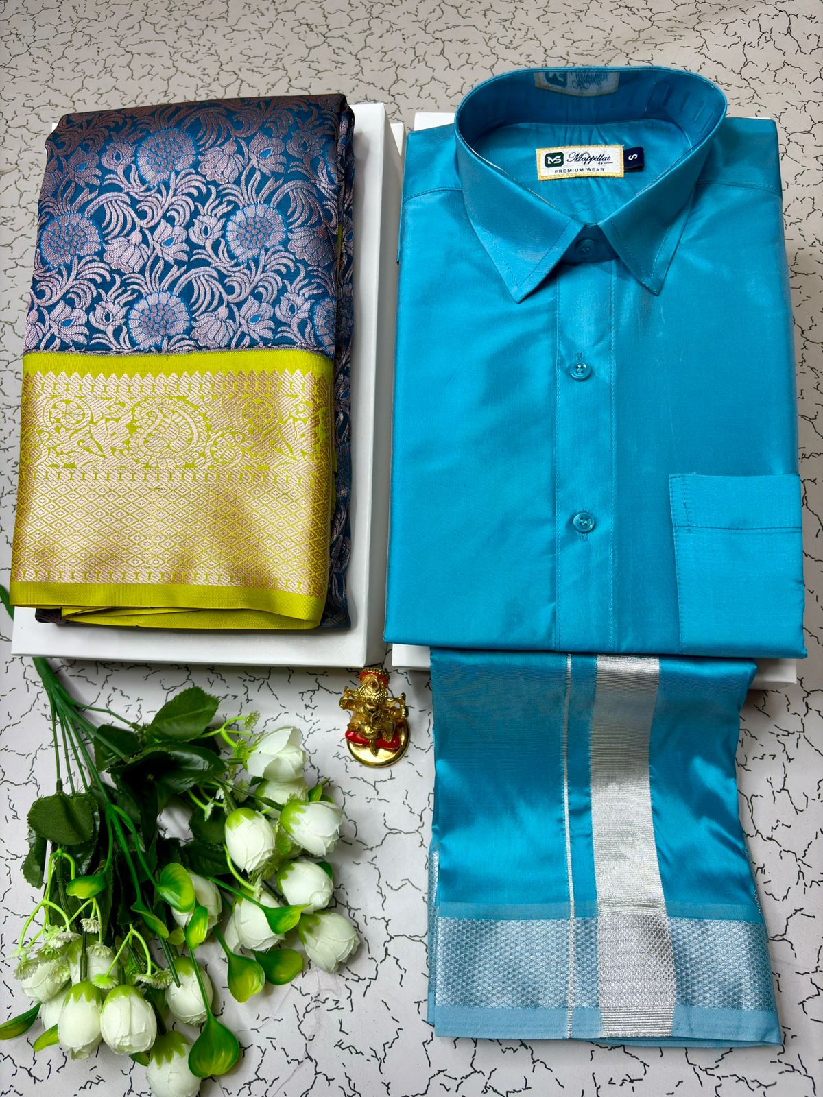 Timeless Tradition Korvai Semi Silk Saree & Semi Silk Dhoti Shirt Set
