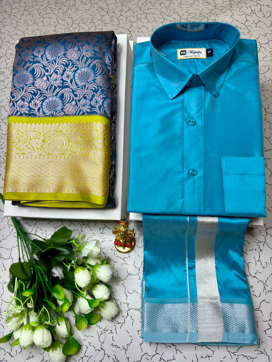 Timeless Tradition Korvai Semi Silk Saree & Semi Silk Dhoti Shirt Set