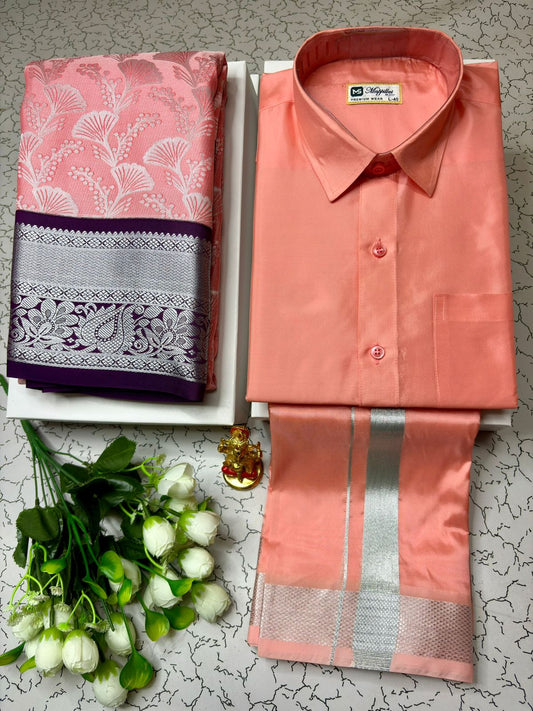 Pure Elegance Korvai Semi Silk Saree with Semi Silk Dhoti Shirt Combo
