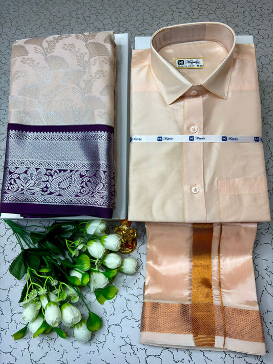 Cultural Korvai Semi Silk Saree & Semi Silk Dhoti Shirt Outfit for Couple