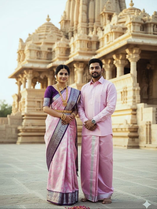 Premium Wedding Wear Korvai Semi Silk Saree with Dhoti Shirt Set