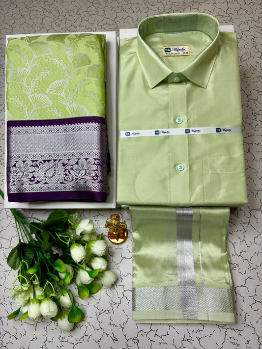 Wedding Special Korvai Semi Silk Saree & Dhoti Shirt Couple Set