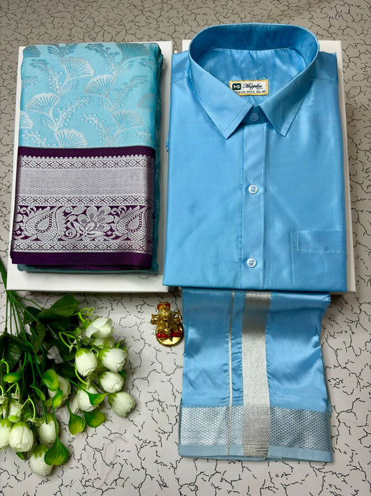 Elegant Korvai Semi Silk Saree with Matching Semi Silk Dhoti Shirt