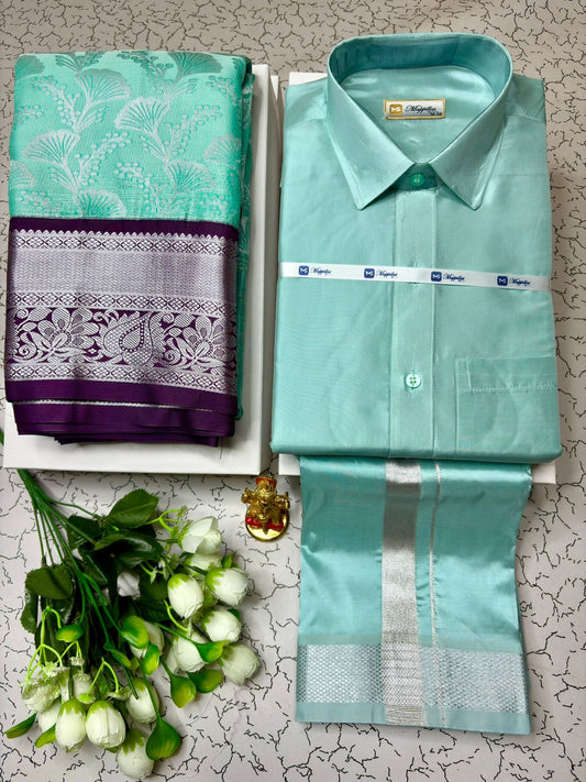Traditional Korvai Semi Silk Saree & Semi Silk Dhoti Shirt for Couple
