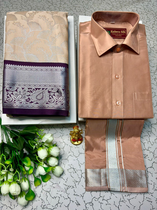 Classic Korvai Semi Silk Saree with Semi Silk Dhoti Shirt Combo