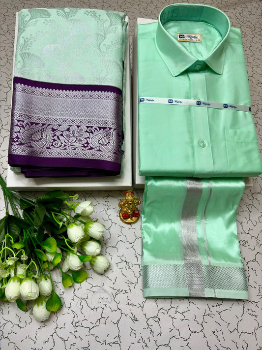 Heritage Korvai Semi Silk Saree and Dhoti Shirt Couple Outfit