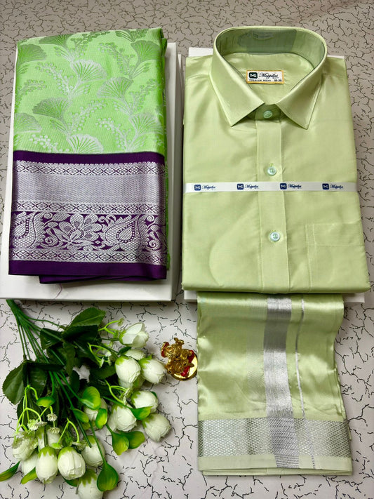 Graceful Korvai Semi Silk Saree & Semi Silk Dhoti Shirt Pair for Couple