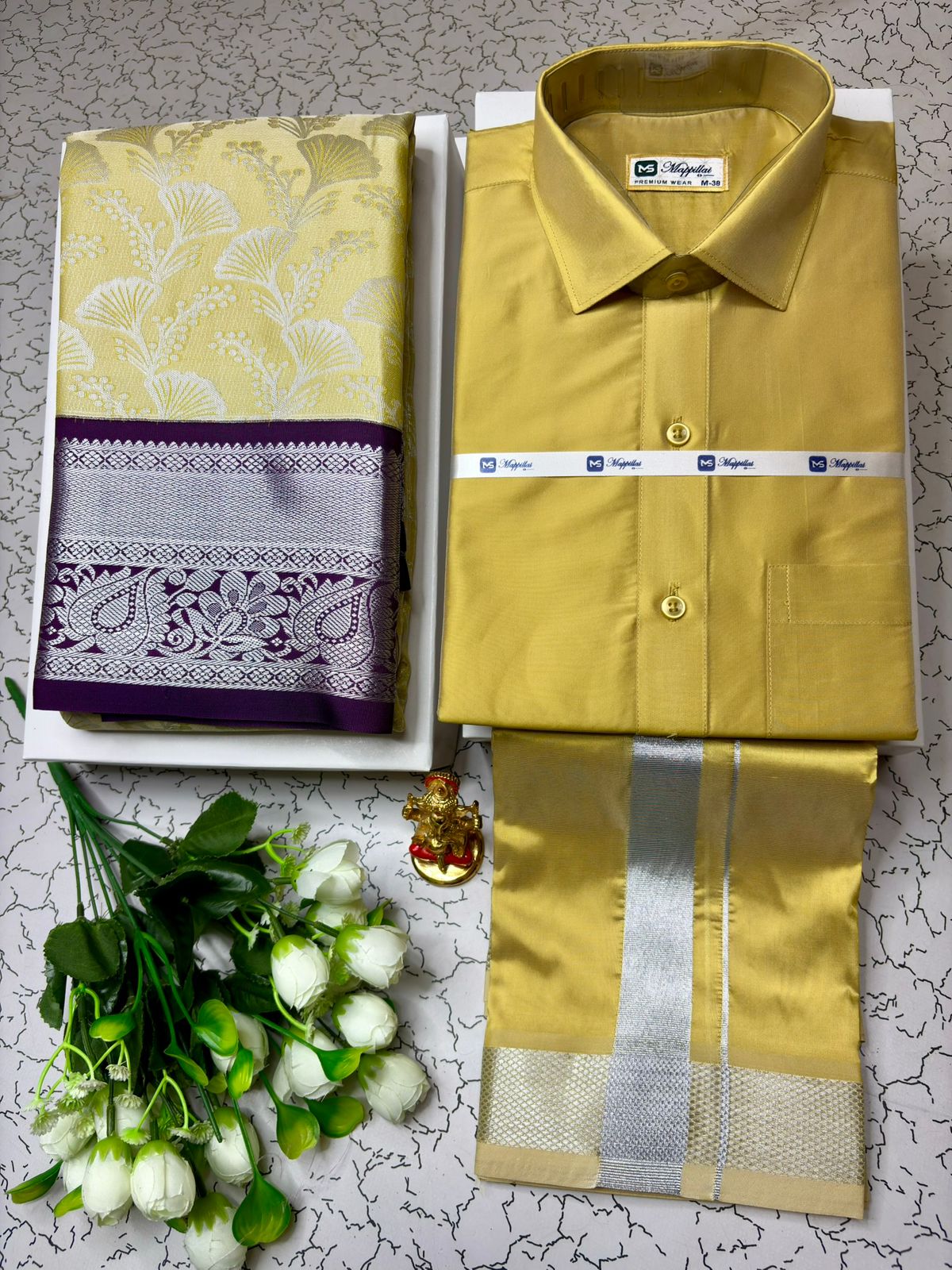 Premium Korvai Semi Silk Saree and Dhoti Shirt Couple Combo