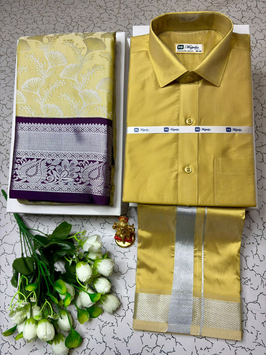 Premium Korvai Semi Silk Saree and Dhoti Shirt Couple Combo
