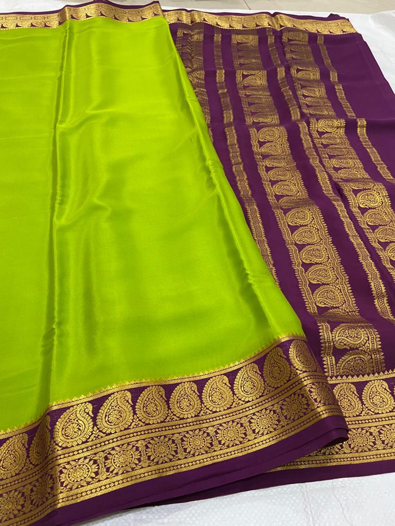 Shop Mehendi Green Embroidered Mysore Silk Sari Online| Cream Blouse – Pure  Elegance