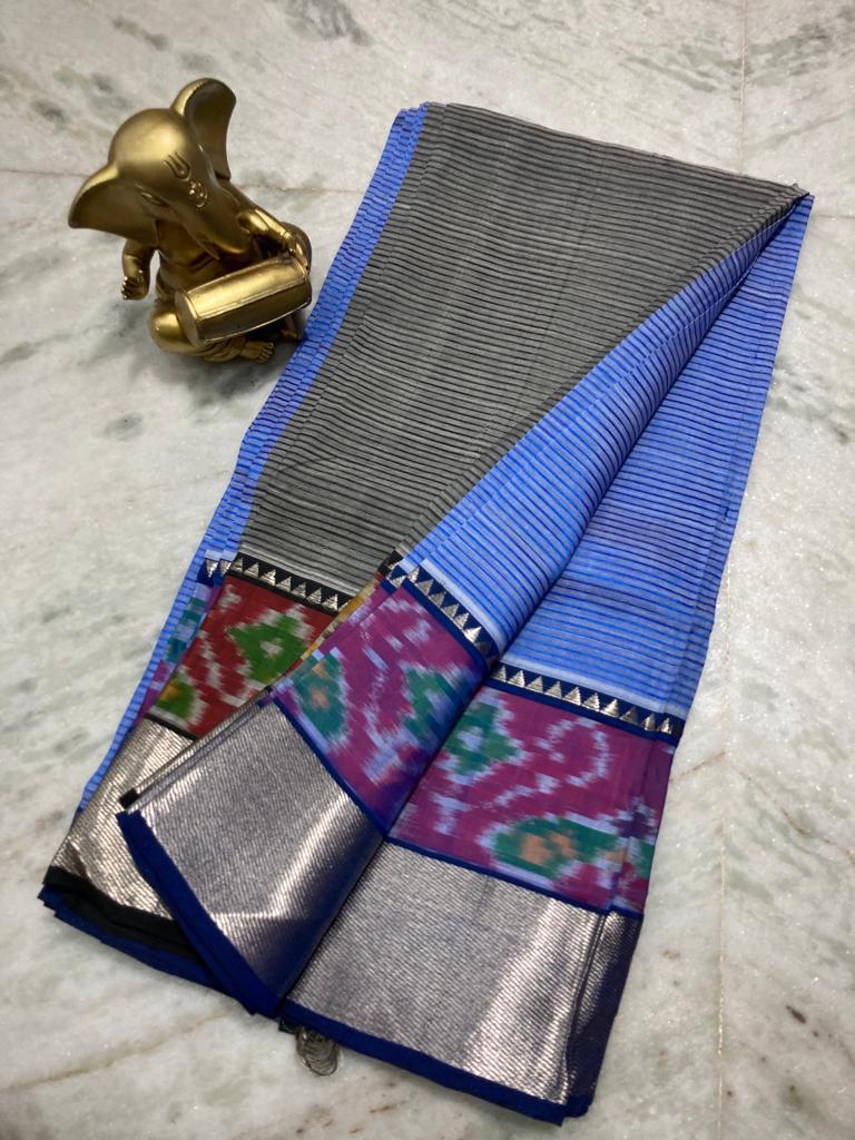 Blue Colour Mangalagiri Pattu Silver Zari Kanchi Border Sarees