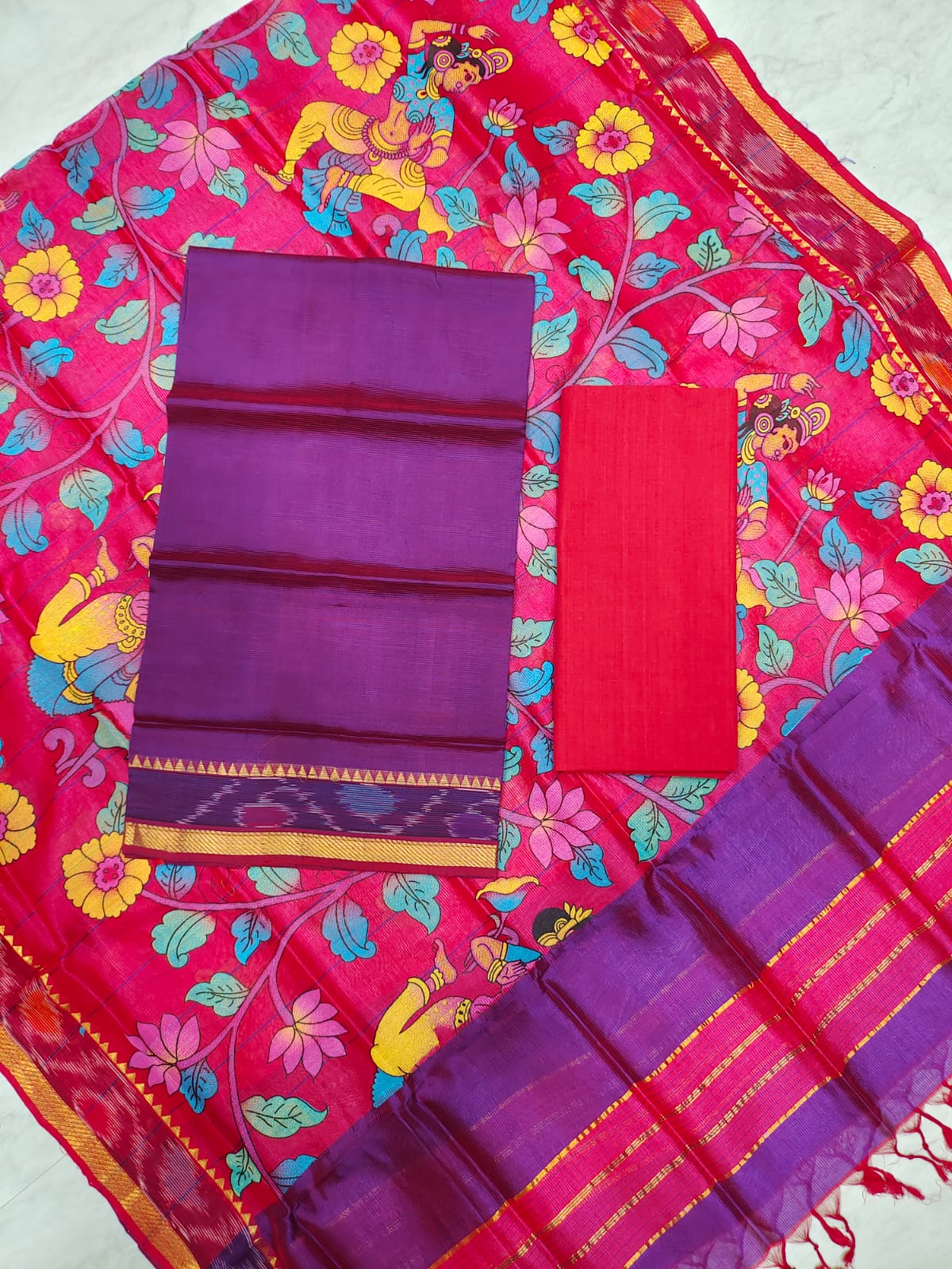 Mangalagiri pattu two side gold zari & pochampalli border digital printed dress material set